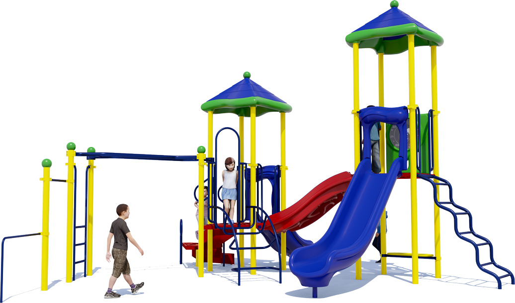Shoofly Shores Playground Equipment - Front View - Playful Color Scheme