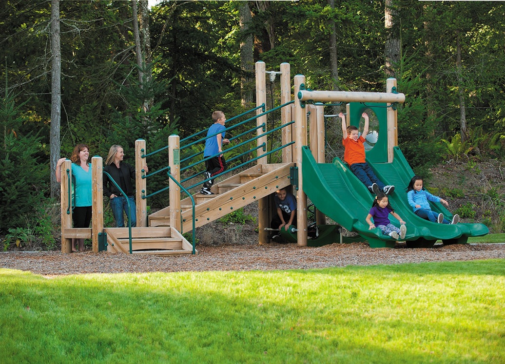 escapade play structure - lifestyle view,escapade play structure - 3d view,escapade play structure - top view